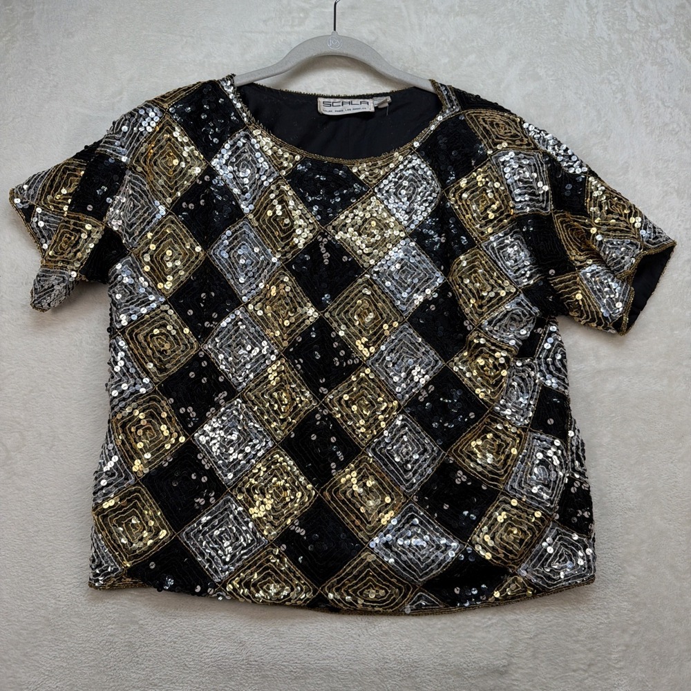 Vintage Scala Silk Sequin Beaded Top Women's XL Glam Art Deco Party Y2K‎